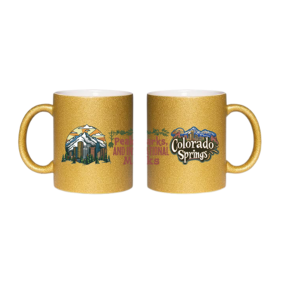 11oz Ceramic Sparkle Coffee Cup – Colorado Springs Glitter Mug “Peaks, Parks & Inspirational Marks”  | Mountain Souvenir & Travel Gift