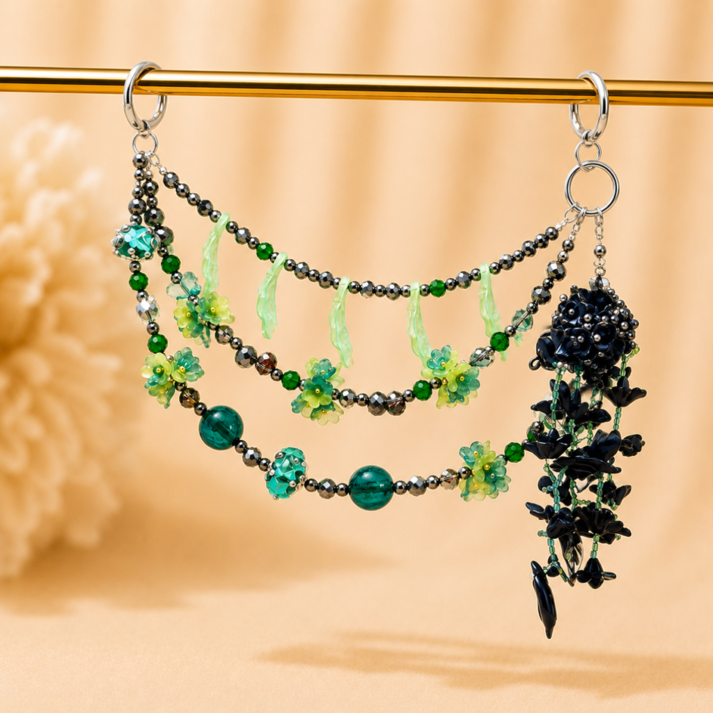 Colorful Beaded Bag Chain | Emerald Green Floral Beaded Bag Chain – 3-Layer Handmade Handbag Charm | Fancy Purse Jewelry