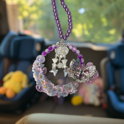 Handmade Purple Beaded Car Charm – Floral Hanging Ornament | Elegant Car Mirror & Room Decor