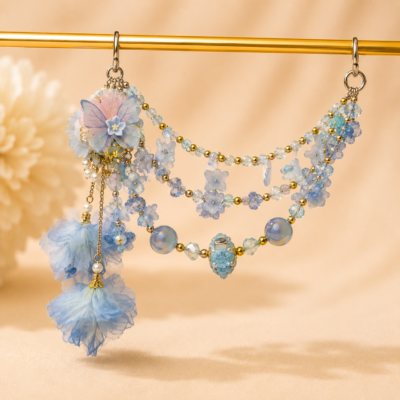 Fancy Handbag Accessory with Glowing Accent Light | Light Blue Handmade Beaded Bag Chain – 3-Layer Rose Flower Design