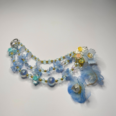 Fancy Handbag Accessory with Glowing Accent Light | Light Blue Handmade Beaded Bag Chain – 3-Layer Rose Flower Design