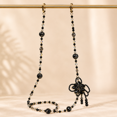 Luxury Handmade Black Beaded Purse Strap – Beaded Purse Chain Crystal Bow Pendant Chain | Trendy Handbag Jewelry