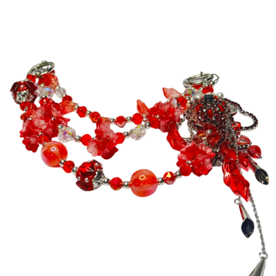 Red Beaded Purse Chain | 3 Layer Butterfly & Flower Bag Charm | Handmade Cute Bag Jewelry