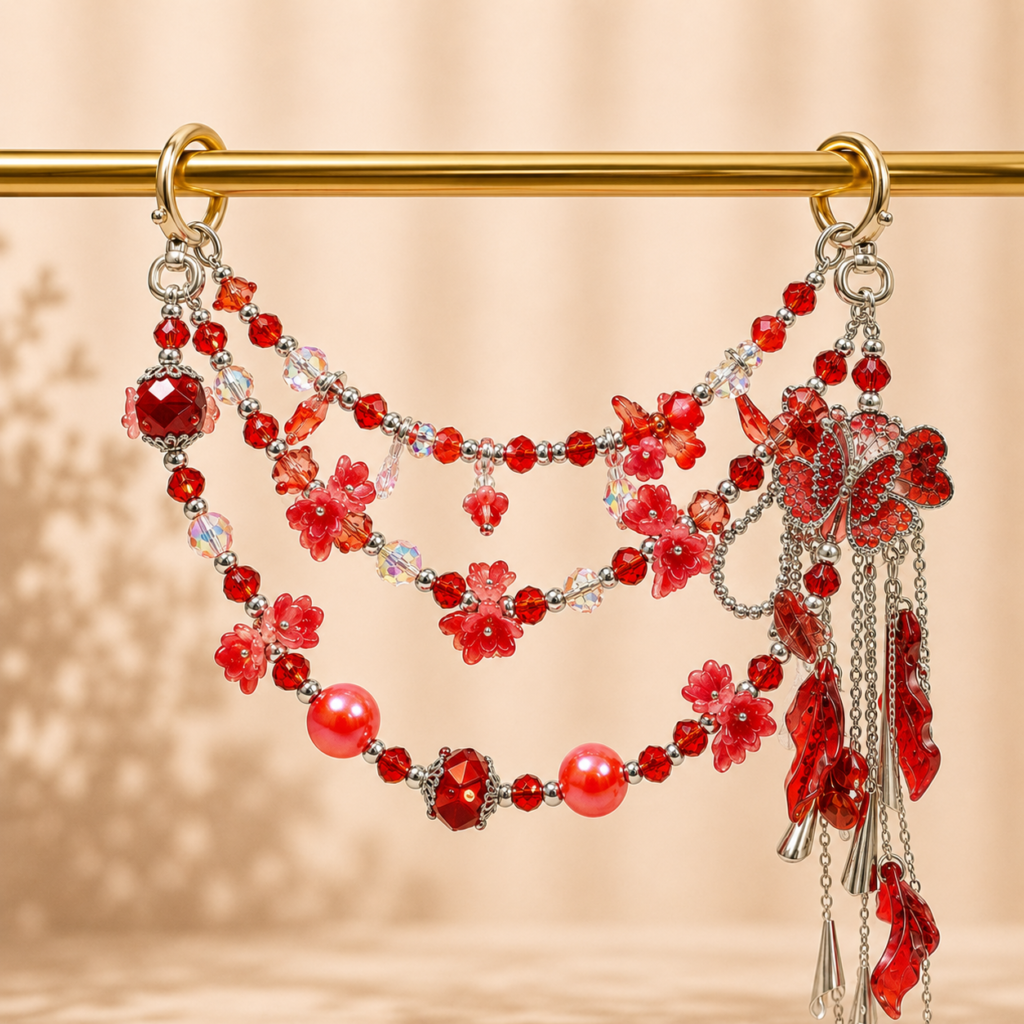 Red Beaded Purse Chain | 3 Layer Butterfly & Flower Bag Charm | Handmade Cute Bag Jewelry