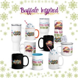 Usa States and City Printed Drinkware set- Buffalo Skyline Mug – “Snow, Show and New Glow” Souvenir Coffee Cup