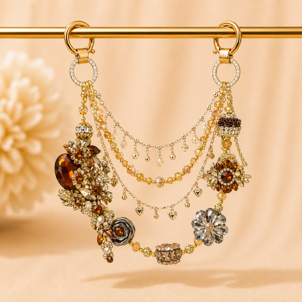 Beaded Bagchain Keychain | Handcrafted Amber Crystal Purse Charm – Gold Rhinestone Flower Jewelry for Bags