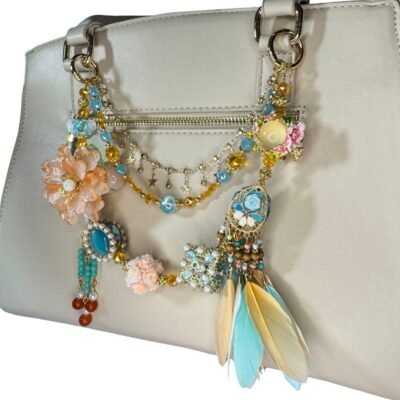 Handmade Beaded Bag Chain | Peach Flower Beaded Bag Charm – Handmade Boho Accessory with Feathers & Crystals