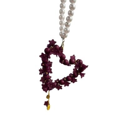 Car Hanging Accessories | Handmade Burgundy Frosted Flower Heart Charm – Pearl Chain Car Mirror & Bag Hanging Decor