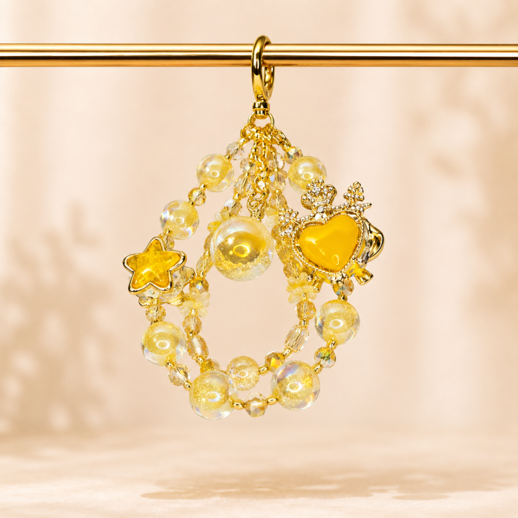 Handmade Beaded Jewelry Chain | Yellow Beaded Phone Charm – Handmade Iridescent Heart, Star & Bow Lanyard