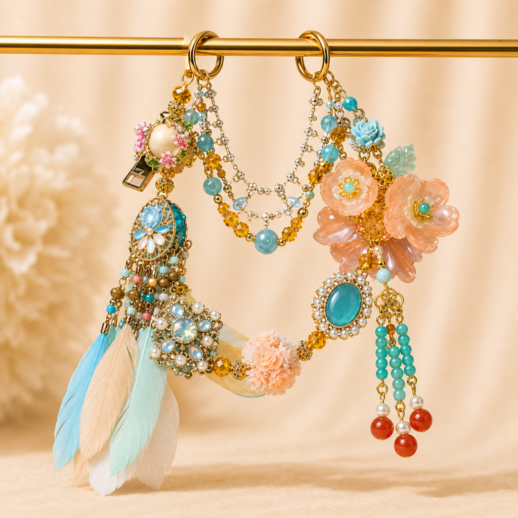 Handmade Beaded Bag Chain | Peach Flower Beaded Bag Charm – Handmade Boho Accessory with Feathers & Crystals