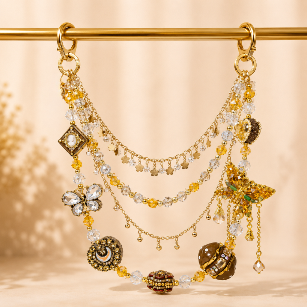 Handmade Gold Crystal Bag Charm – Moon, Butterfly & Heart Purse Jewelry