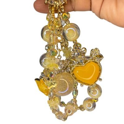Handmade Beaded Jewelry Chain | Yellow Beaded Phone Charm – Handmade Iridescent Heart, Star & Bow Lanyard