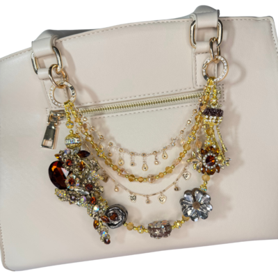 Beaded Bagchain Keychain | Handcrafted Amber Crystal Purse Charm – Gold Rhinestone Flower Jewelry for Bags