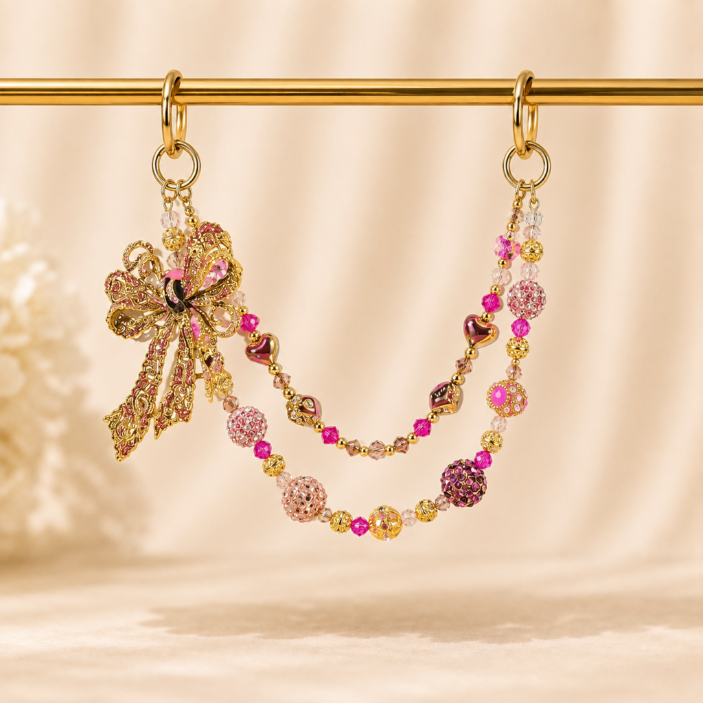 Beaded Chain Decor | Luxury Pink & Gold Beaded Bag Chain Charm with Butterfly Accent – Handmade Purse Accessory