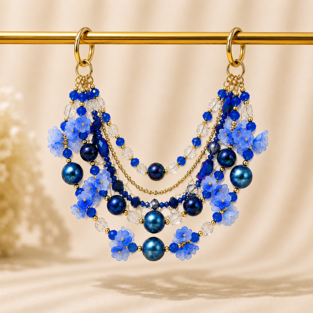 Luxury Blue Bag Chain Crystal Beaded Handbag Chain Strap –  Handmade Multi Layer chain Purse Charm with Floral Beads