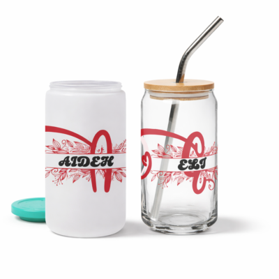 Personalized 16oz Can-Shaped Glass Tumbler – Clear or Frosted with Lid & Straw | Monogram Design – Perfect for Iced Coffee, Soda & Juice