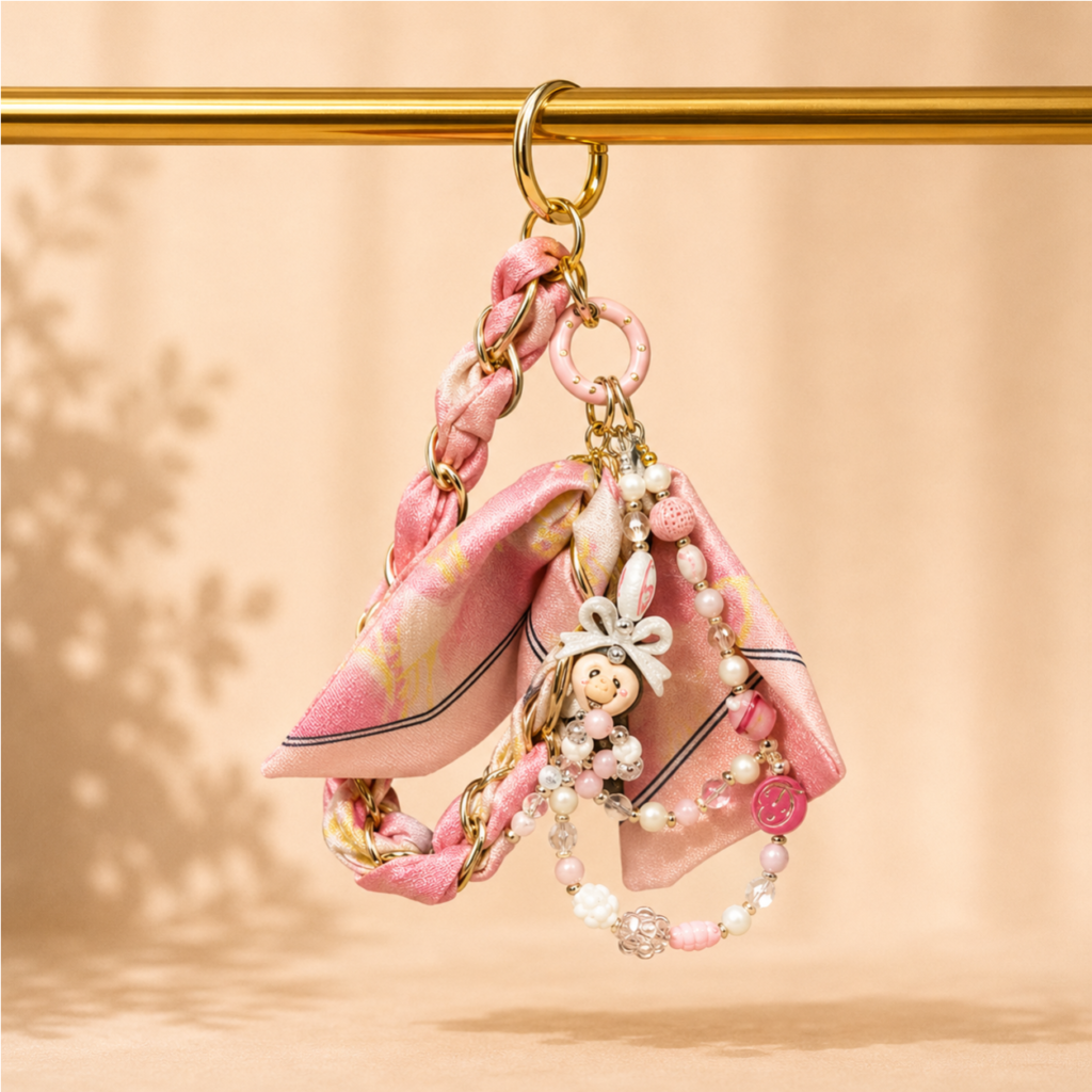 keychain set for women | Handmade Bag Charm Keychain Set – Fabric Scarf, Beaded Strap & Gold Clip