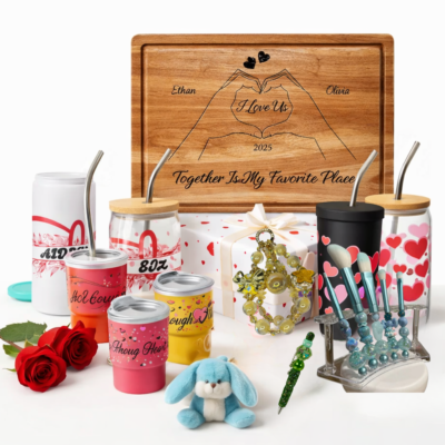 Valentine Gift Pack - Valentineβs Day Ultimate Love Gift Bundle β Drinkware, Cutting Board, Beaded Pen, Bag Chain, Car Charm & Accessories