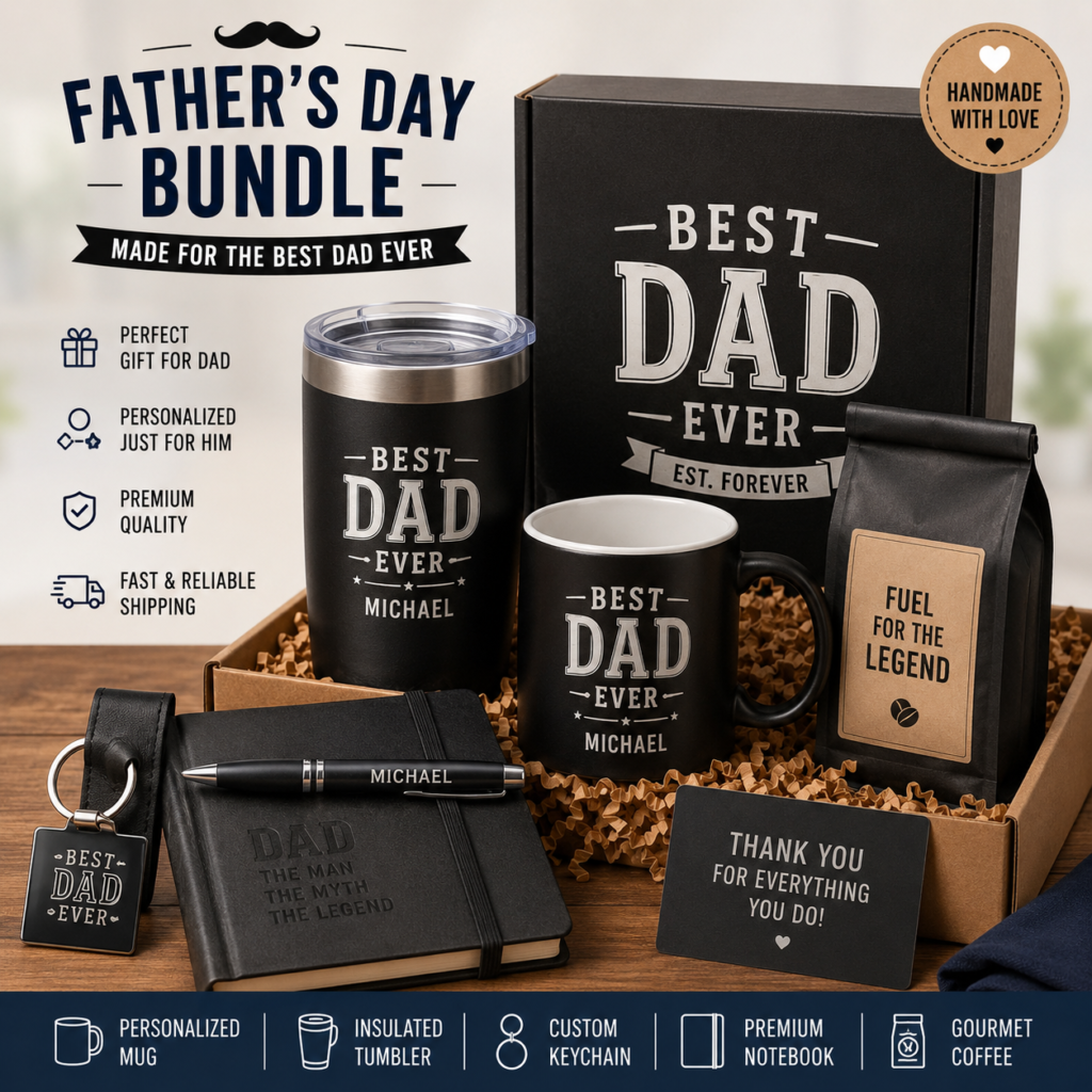 Personalized Father’s Day Gift Bundle for Dad – Custom Coffee Mug, Tumbler & Everyday Essentials Set
