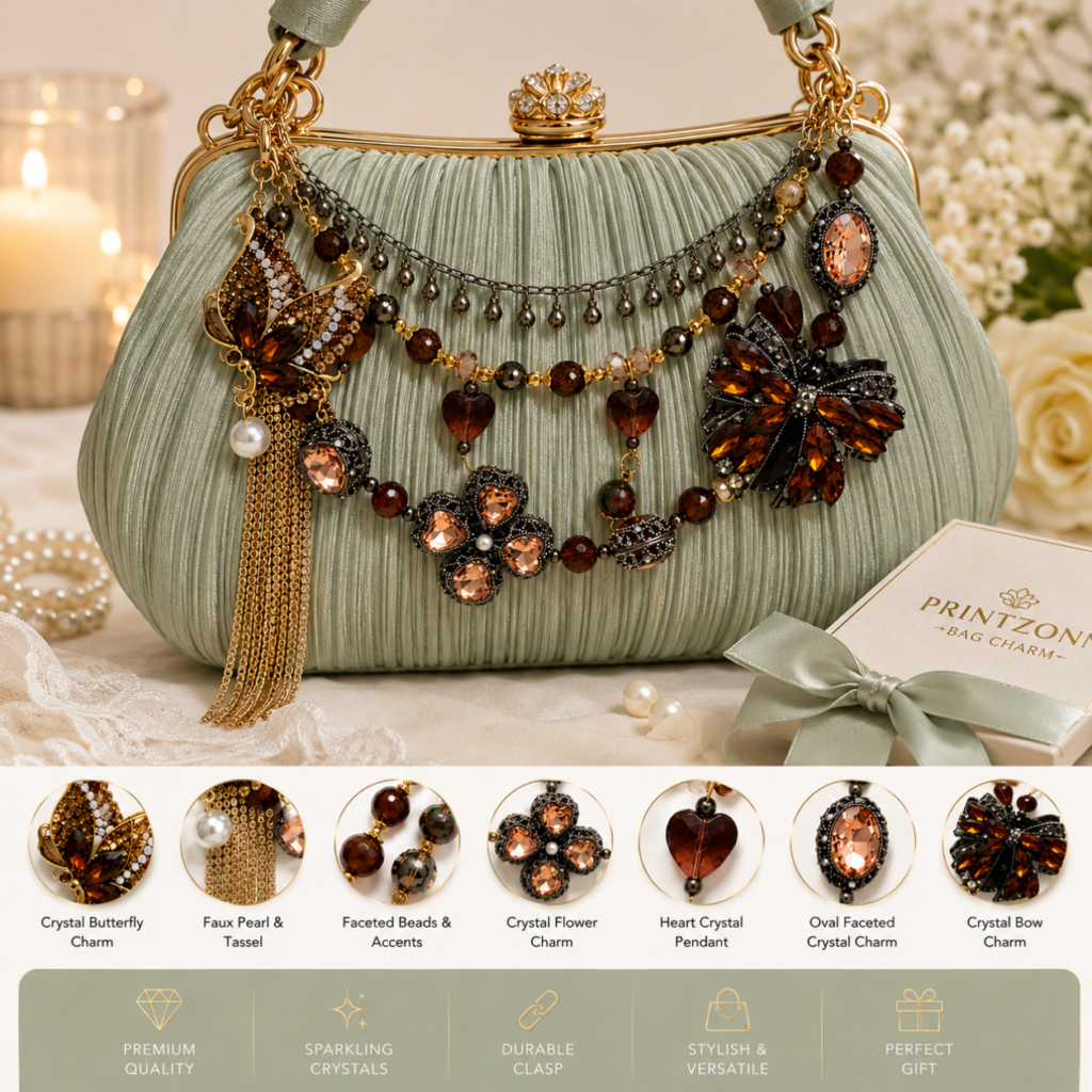 Luxury Brown Crystal Beaded Bag Charm | Rhinestone Butterfly Purse Charm with Layered Chain Tassel Handbag Accessory