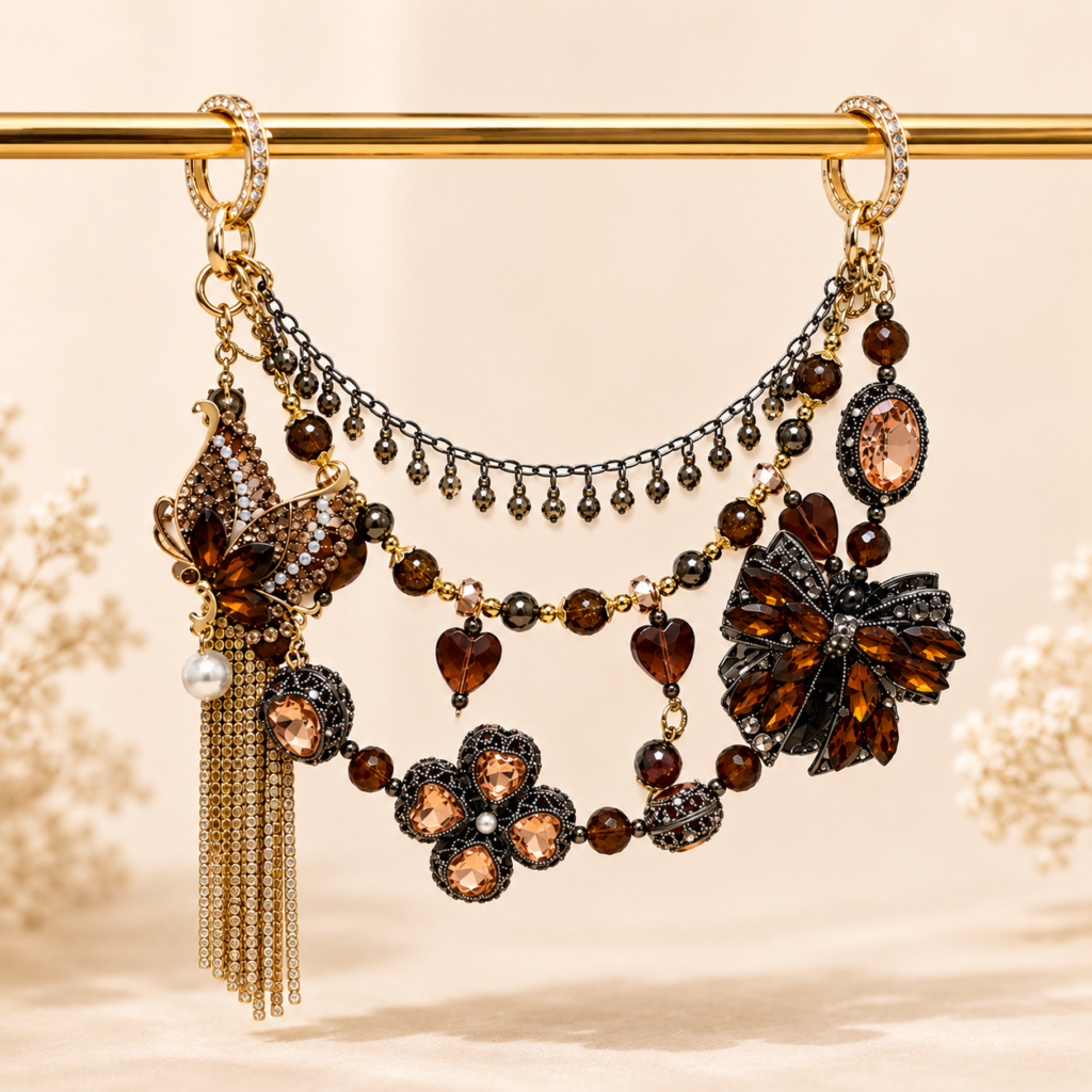 Luxury Brown Crystal Beaded Bag Charm | Rhinestone Butterfly Purse Charm with Layered Chain Tassel Handbag Accessory