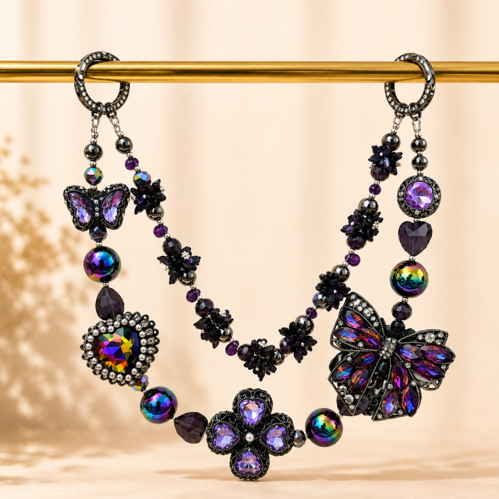Purple Butterfly Crystal Bag Charm | Iridescent Beaded Handbag Charm with Layered Chain & Rhinestone Purse Accessory