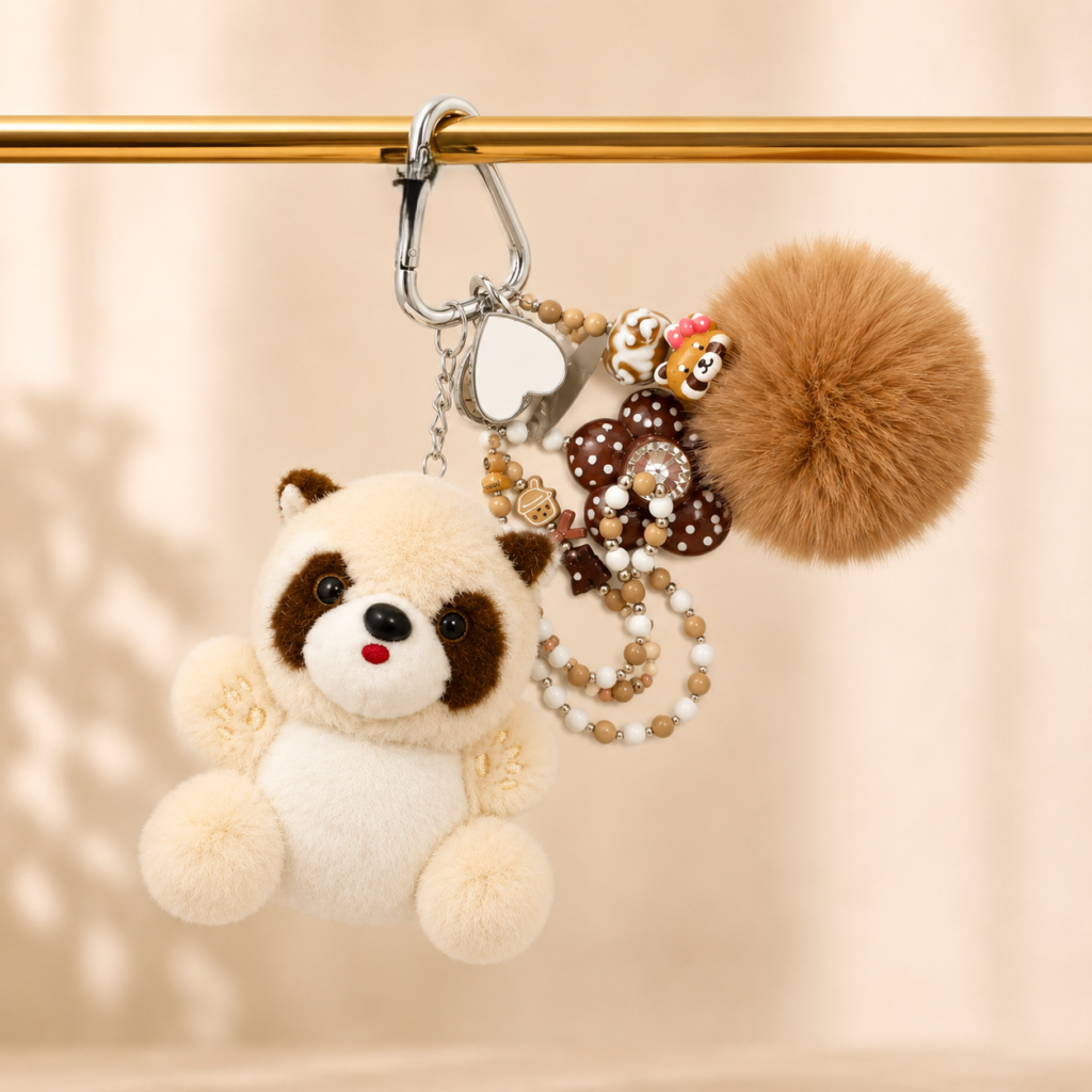 Cute Plush Teddy Bear Bag Charm Keychain | Faux Fur Pom Pom Purse Charm with Beaded Tassel & Kawaii Handbag Accessory