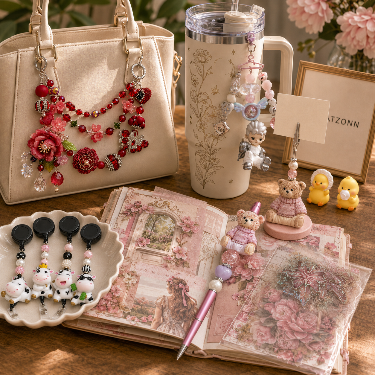 Handmade bag charms, beaded accessories and personalized drinkware
