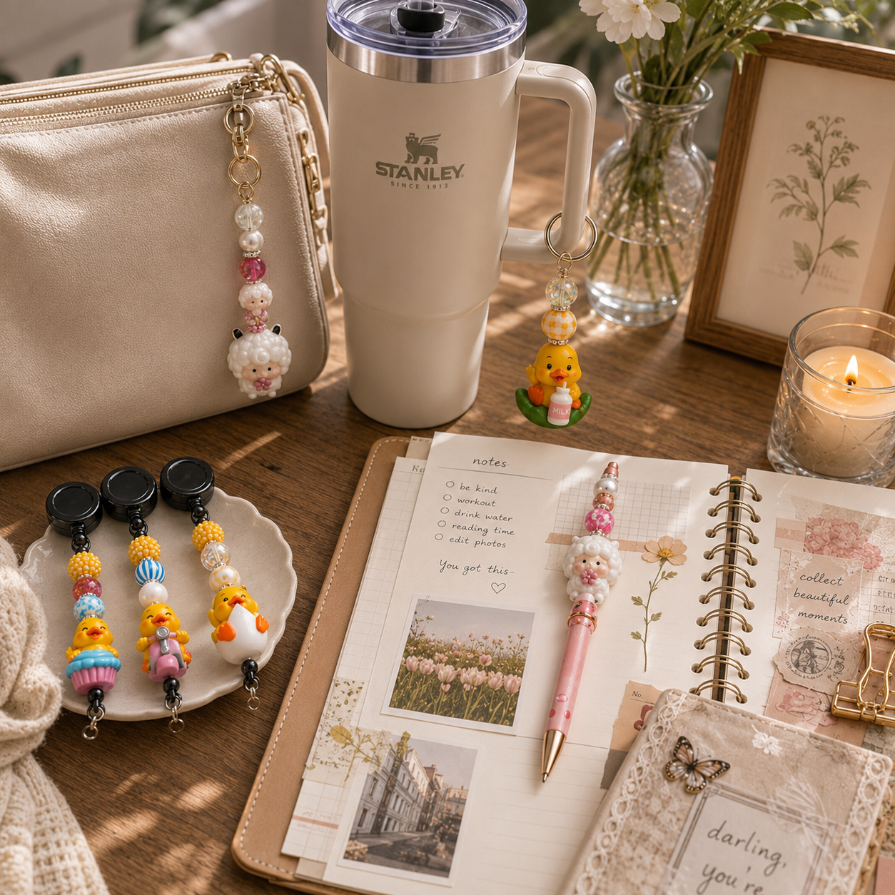 Handmade bag charms, beaded accessories and personalized drinkware
