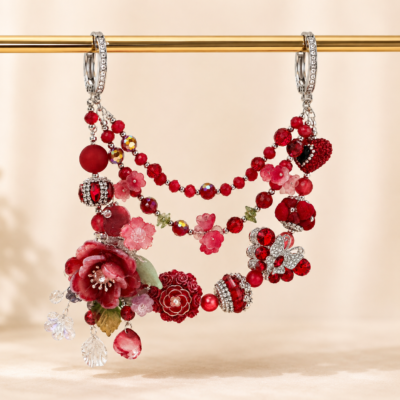 Luxury Red Crystal Floral Bag Charm | Handmade Beaded Butterfly Purse Charm with Layered Chains & Rhinestone Handbag Accessory