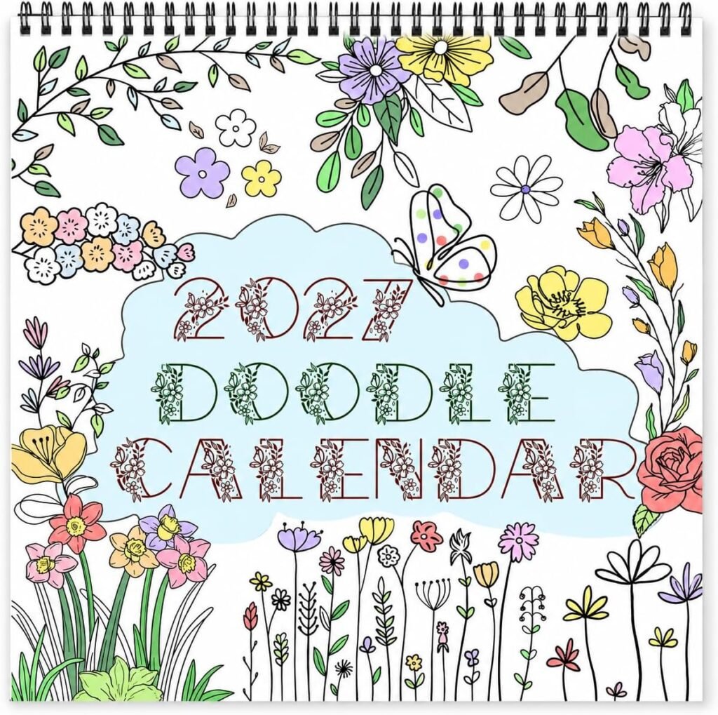 2027 Spiral-Bound Doodle Coloring Calendar – 12 × 12 Inches