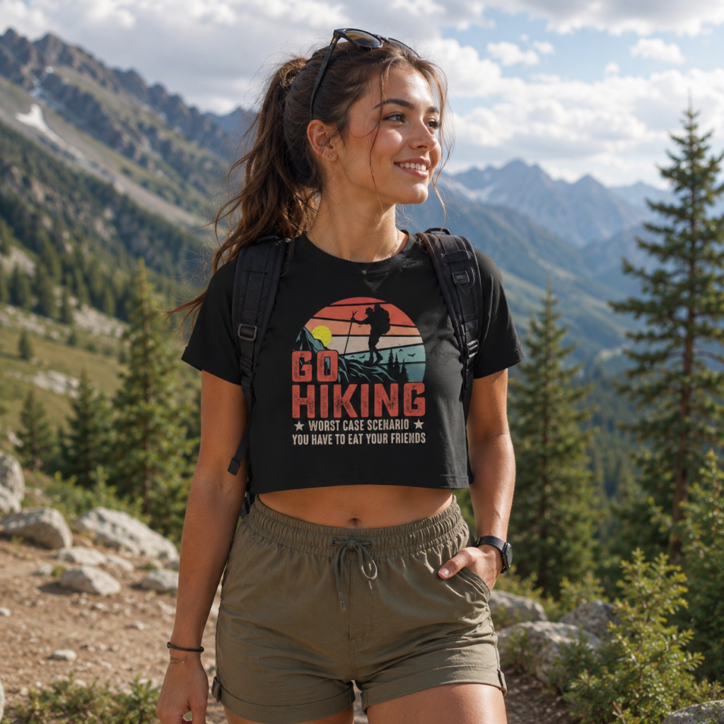 Women’s Outdoor Graphic Crop Top – Hiking & Campfire Designs