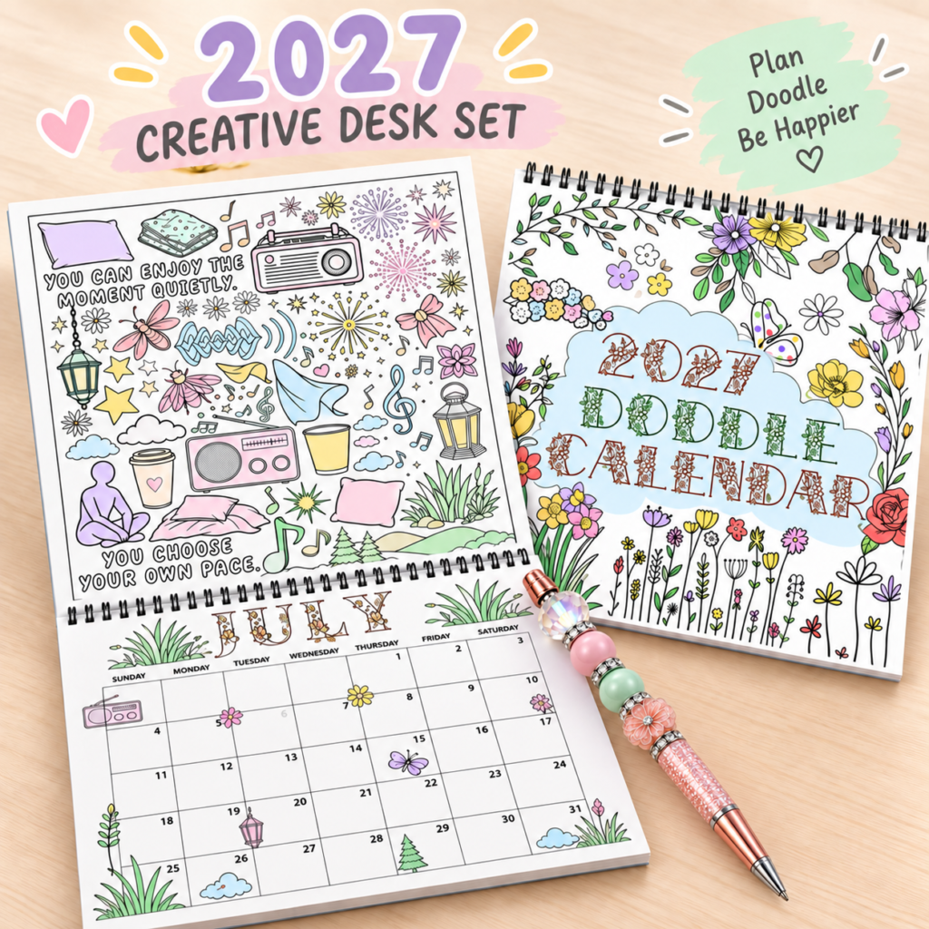 2027 Doodle Coloring Calendar and handmade beaded pen creative desk set