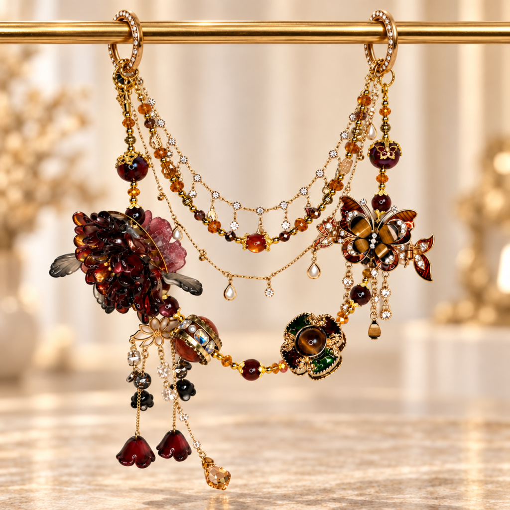Luxury Amber Butterfly Floral Bag Charm Chain – Handmade Brown Beaded Purse Accessory