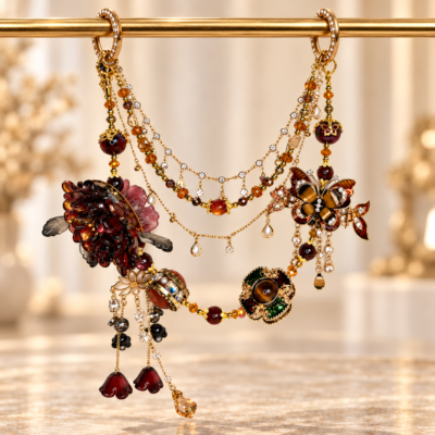Luxury Amber Butterfly Floral Bag Charm Chain – Handmade Brown Beaded Purse Accessory