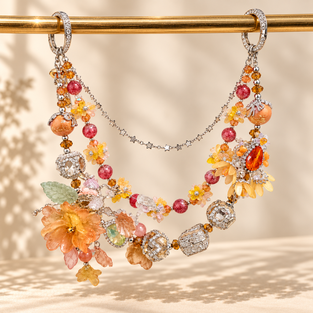 Apricot Blossom Luxe Floral Beaded Bag Charm Chain – Peach & Orange