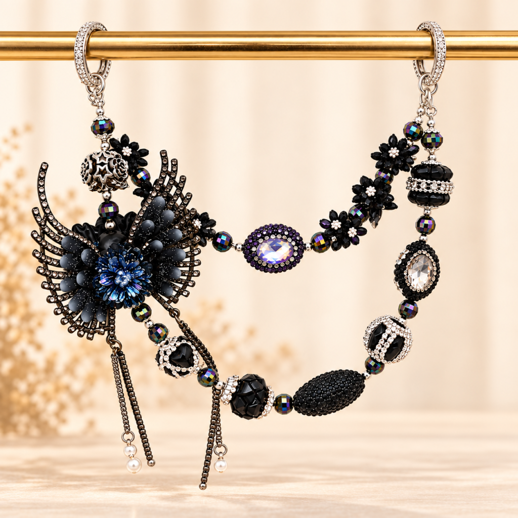Black Winged Floral Layered Beaded Bag Charm Chain – Handmade Statement Purse Accessory