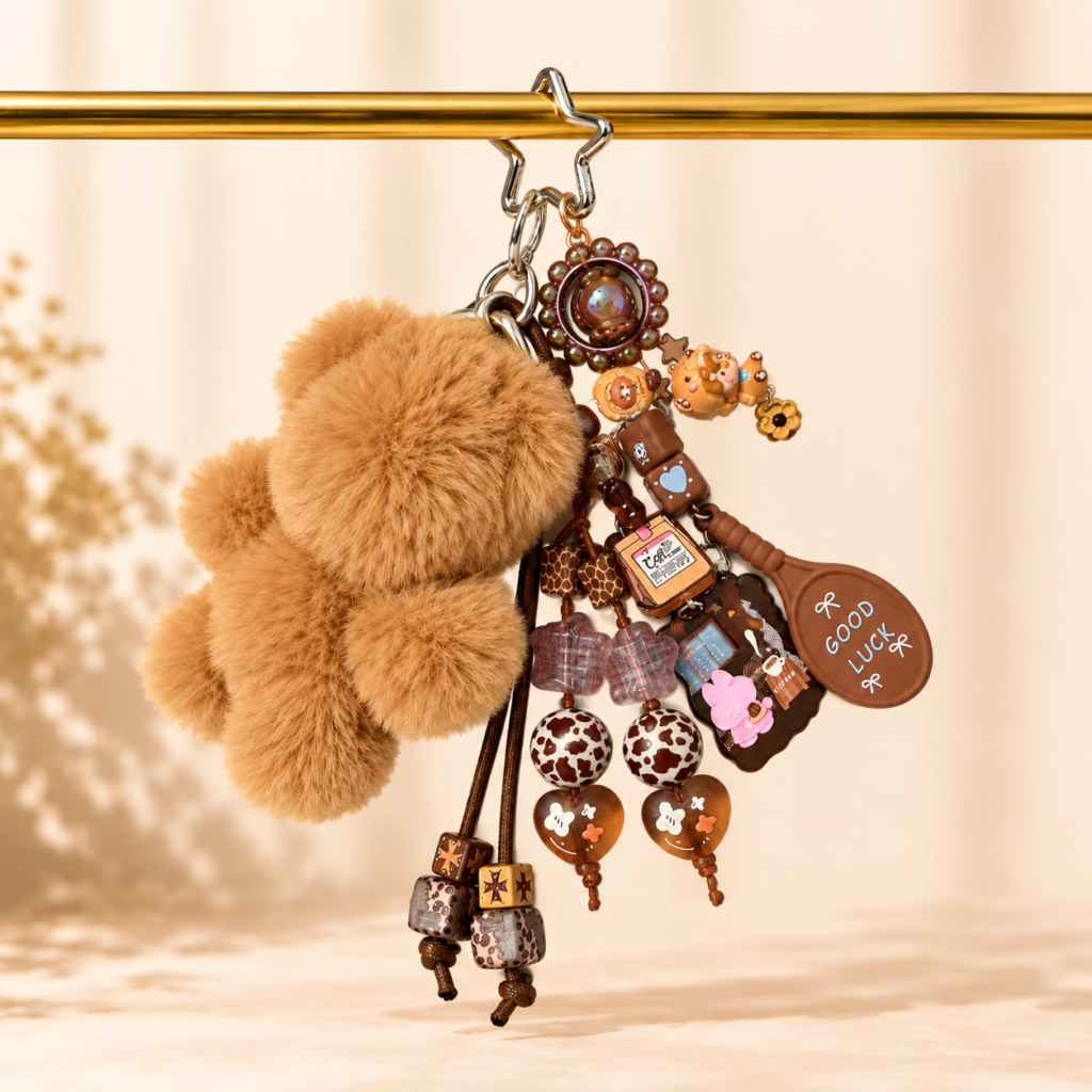 Cozy Mocha Bear Coffee Plush Bag Charm – Handmade Layered Purse Accessory