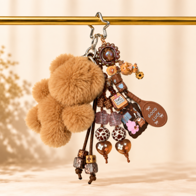 Cozy Mocha Bear Coffee Plush Bag Charm – Handmade Layered Purse Accessory