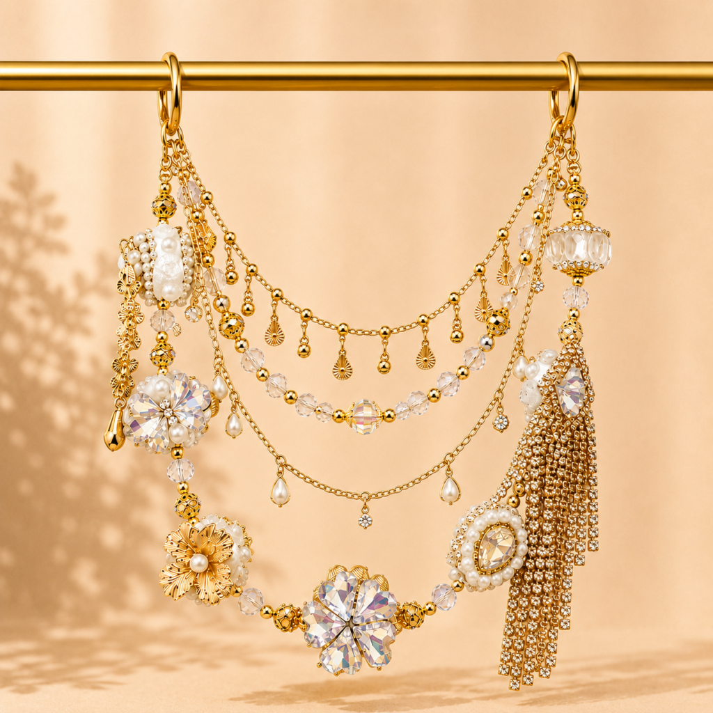 Golden Crystal Garden Floral Bag Charm Chain – Handmade Luxury Purse Accessory