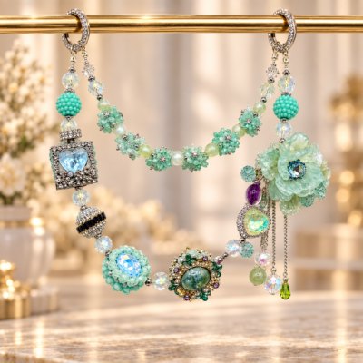 Green Crystal Flower Bag Chain – Layered Beaded Purse Accessory