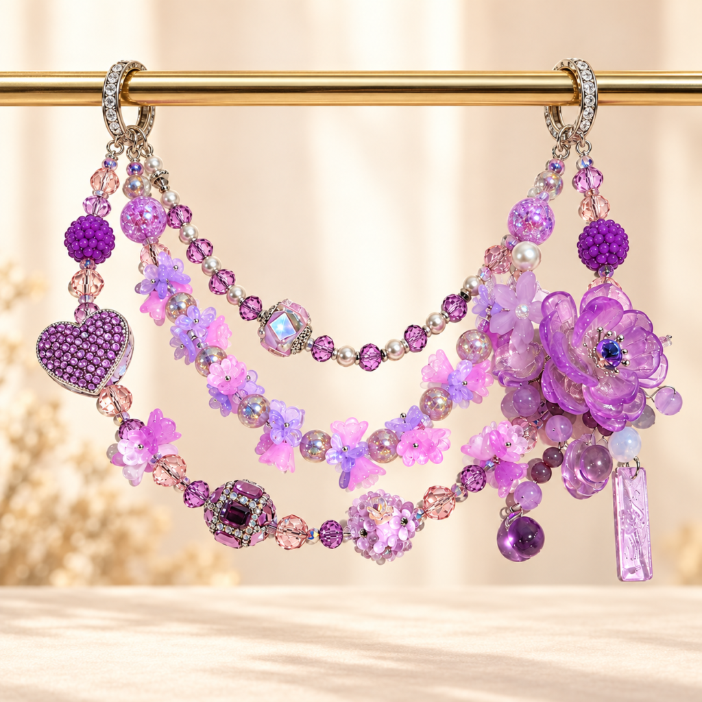 Lavender Crystal Bloom Layered Beaded Bag Charm Chain – Handmade Purple Floral Purse Accessory