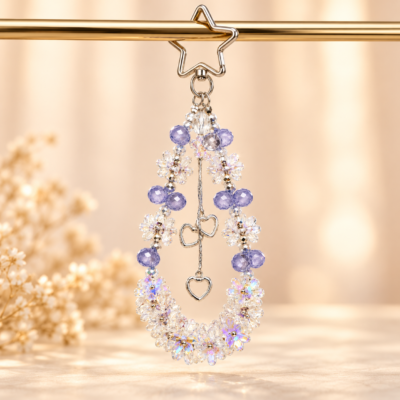 Lavender Star Floral Beaded Bag Charm – Handmade Iridescent Flower Keychain