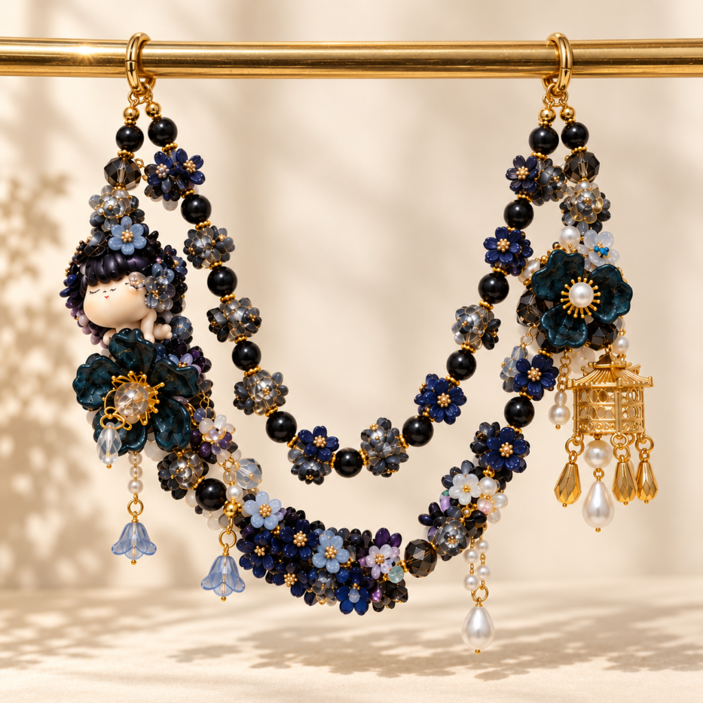 Midnight Blossom Lantern Floral Beaded Bag Charm Chain – Navy & Black