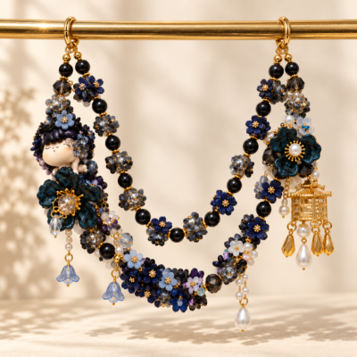 Midnight Blossom Lantern Floral Beaded Bag Charm Chain – Navy & Black