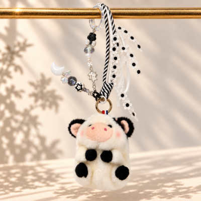 Moonlit Moo Plush Cow Bag Charm – Black & White Beaded Purse Accessory