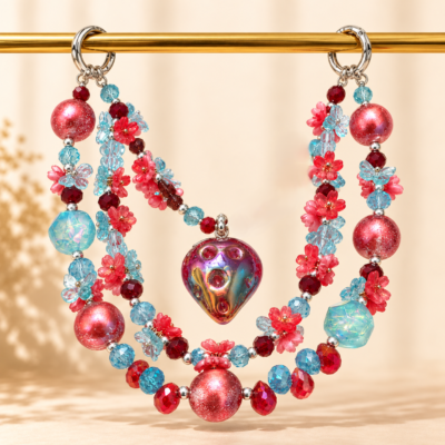 Handmade Pink & Blue Floral Beaded Bag Charm with Strawberry Pendant