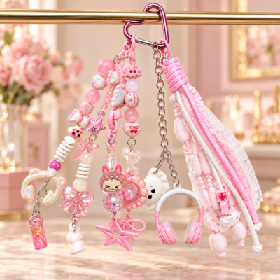 Sweet Chaos Pink Music Backpack Charm – Handmade Kawaii Beaded Bag Accessory