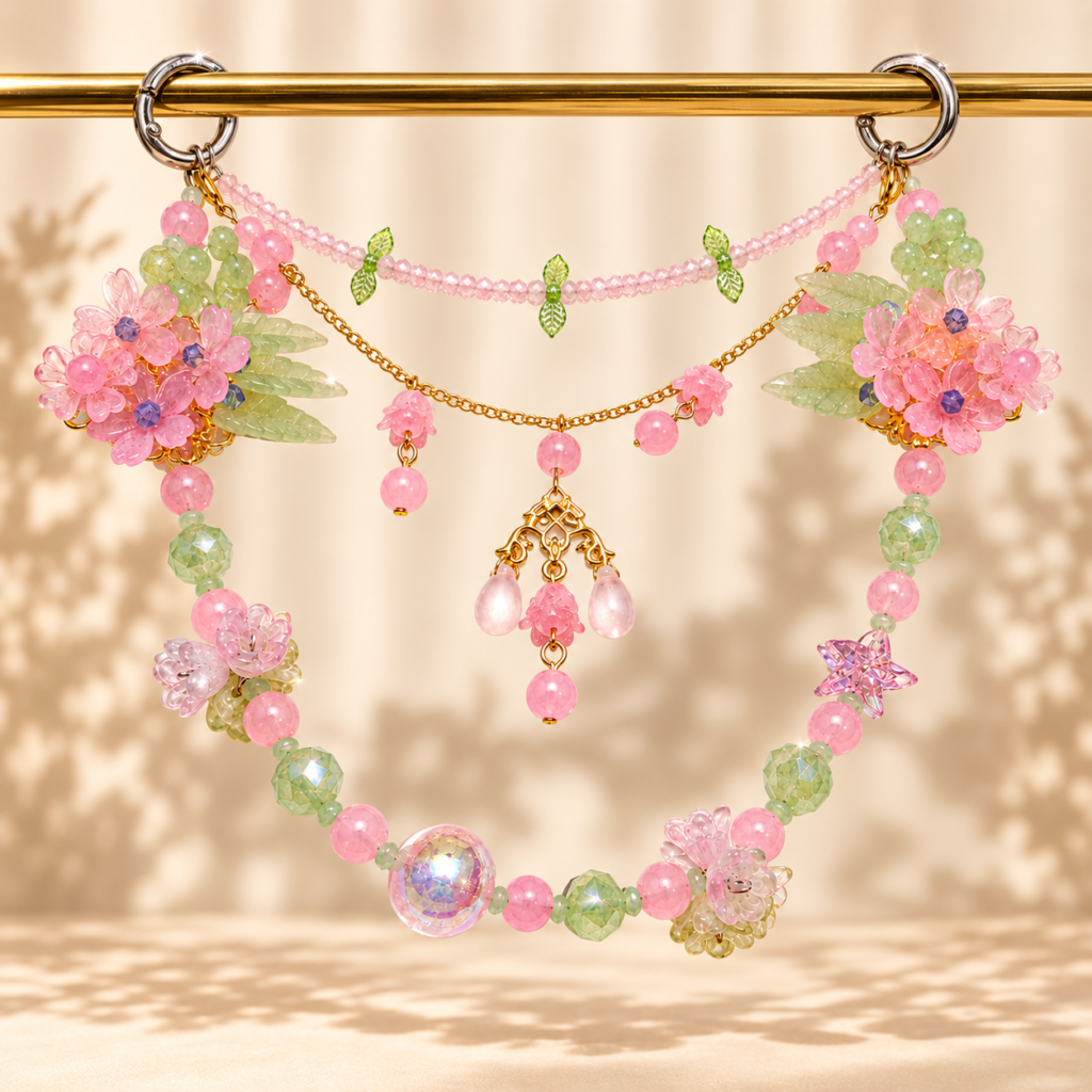 Pink Blossom Garden Floral Beaded Bag Charm Chain – Handmade Purse Accessory