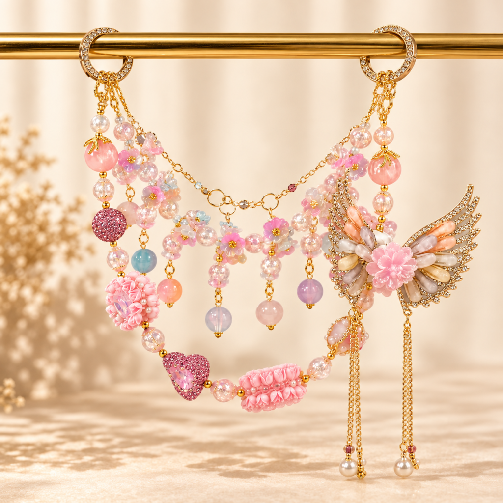Pink Wing Blossom Floral Beaded Bag Charm Chain – Handmade Purse Accessory